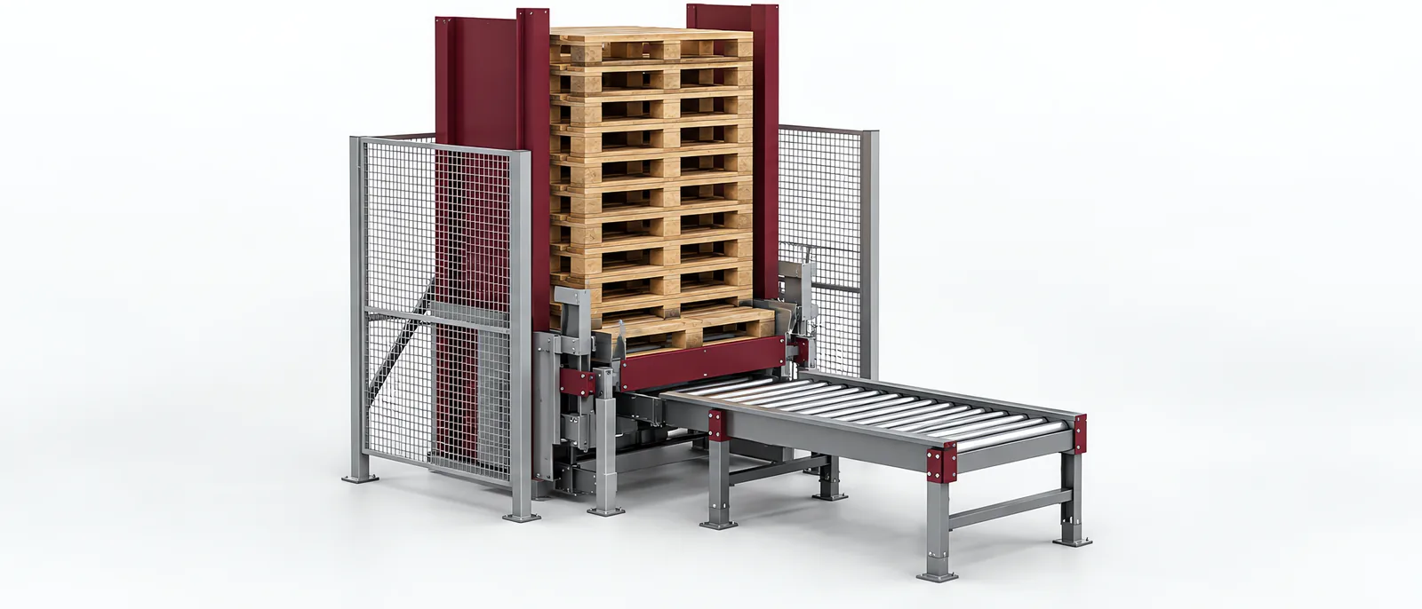 Empty pallet stack and single-pallet conveyor outfeed, conceptual illustration