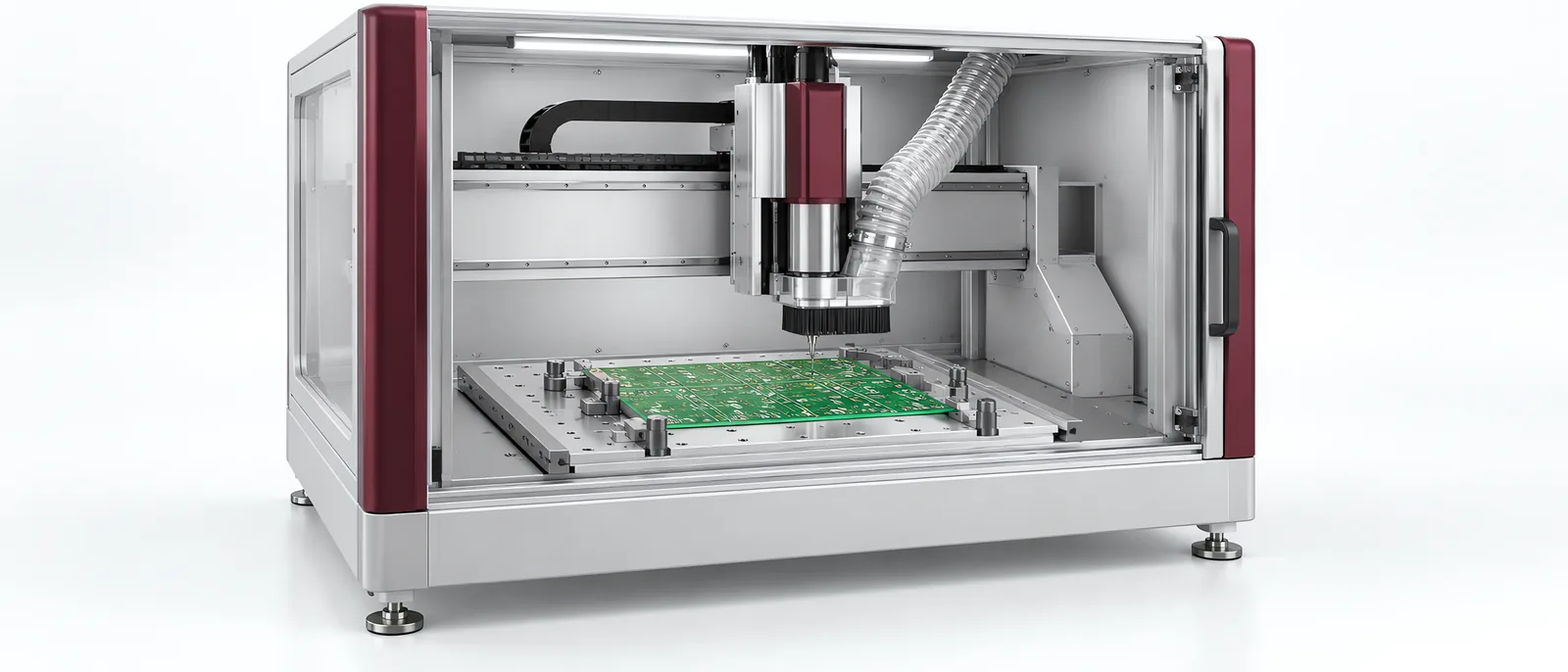 Supported PCB panel inside enclosed separation equipment, conceptual illustration