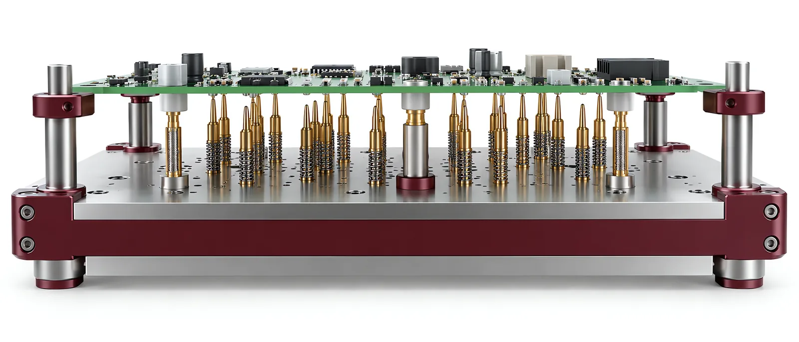 Supported circuit board above spring-loaded test probes, conceptual illustration