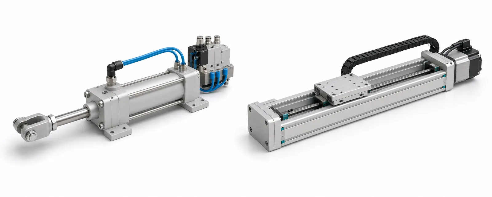 Engineering illustration comparing a pneumatic rod cylinder and valve manifold with a motor-driven guided linear axis