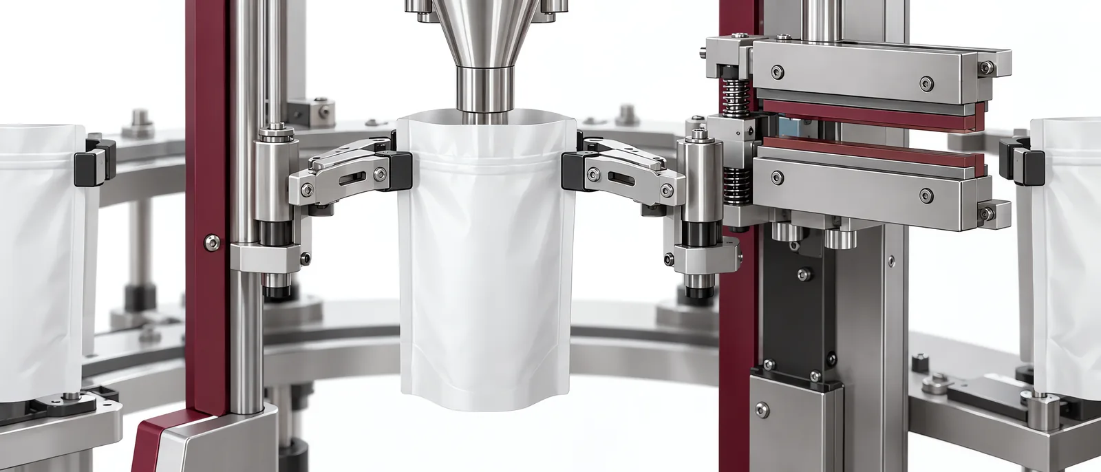 Held premade pouch at filling and sealing stations, conceptual illustration
