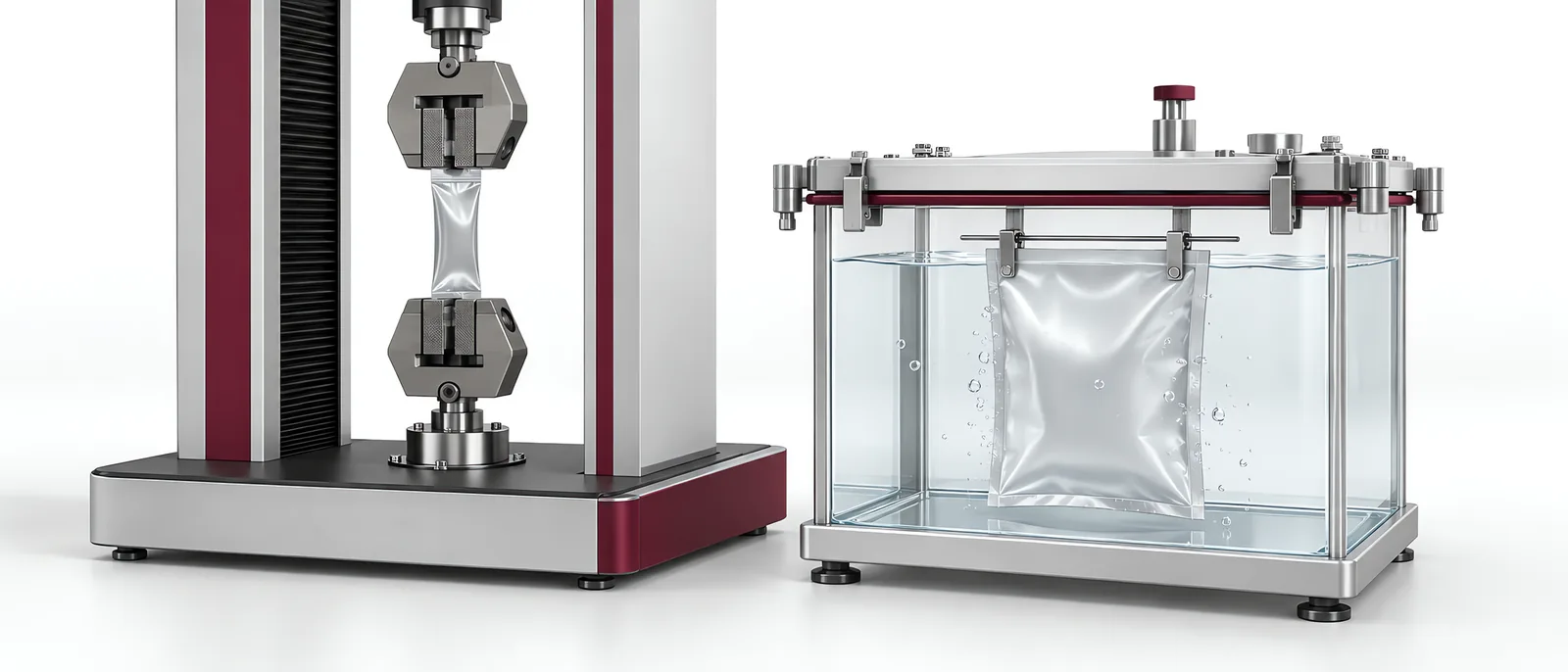 Separate flexible-package peel-test and submerged leak-test arrangements, conceptual illustration