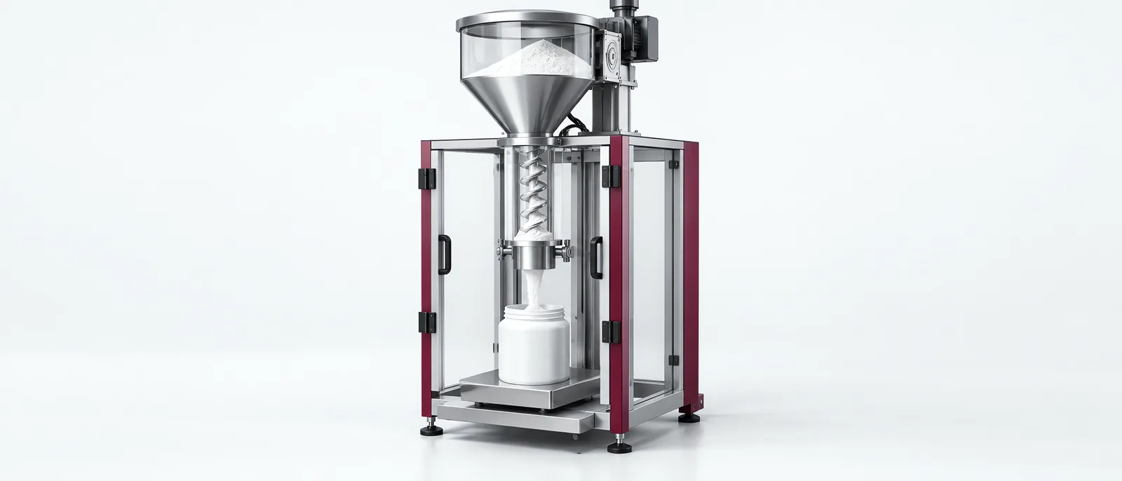 Auger powder-dosing unit above a container, conceptual illustration