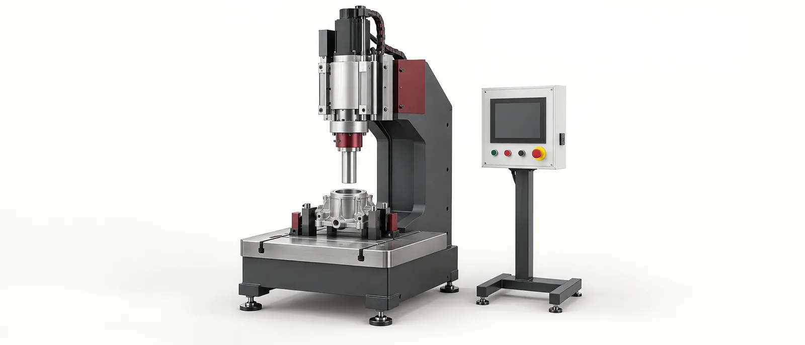 Conceptual servo press fit machine with guided ram, assembly nest and force monitoring cabinet