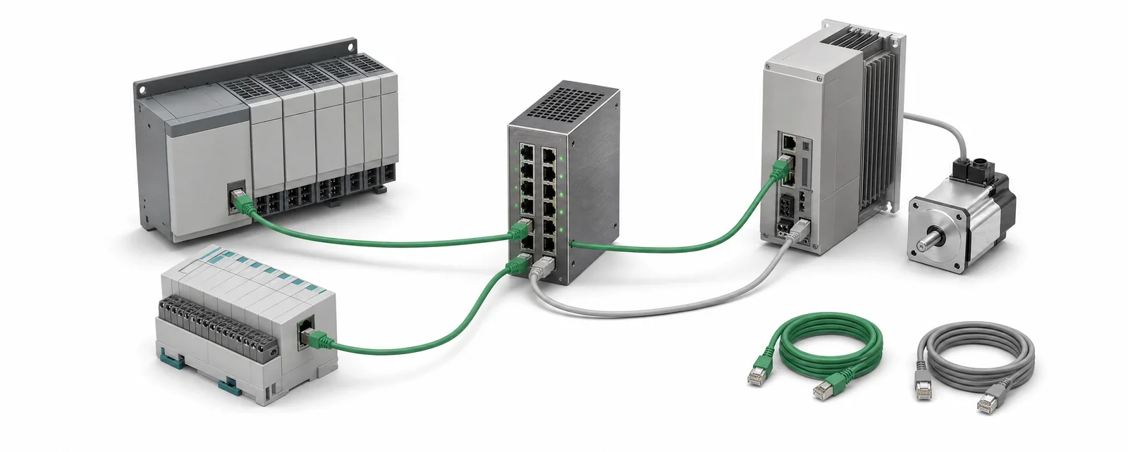 Engineering illustration of a PLC, industrial Ethernet switch, remote I/O and servo drive connected by network cables