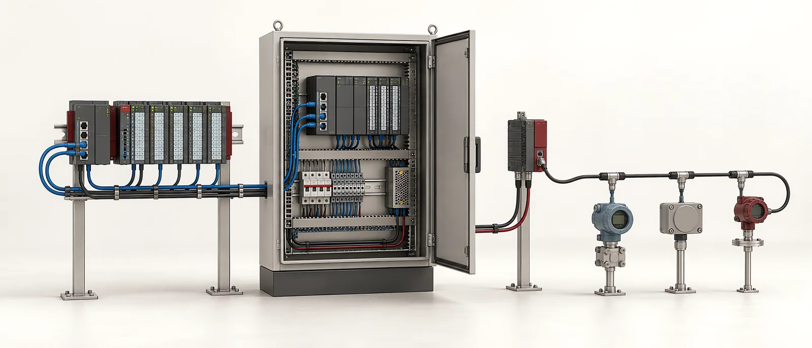 Conceptual industrial PLC network connected to remote I/O, a serial gateway and a monitoring panel