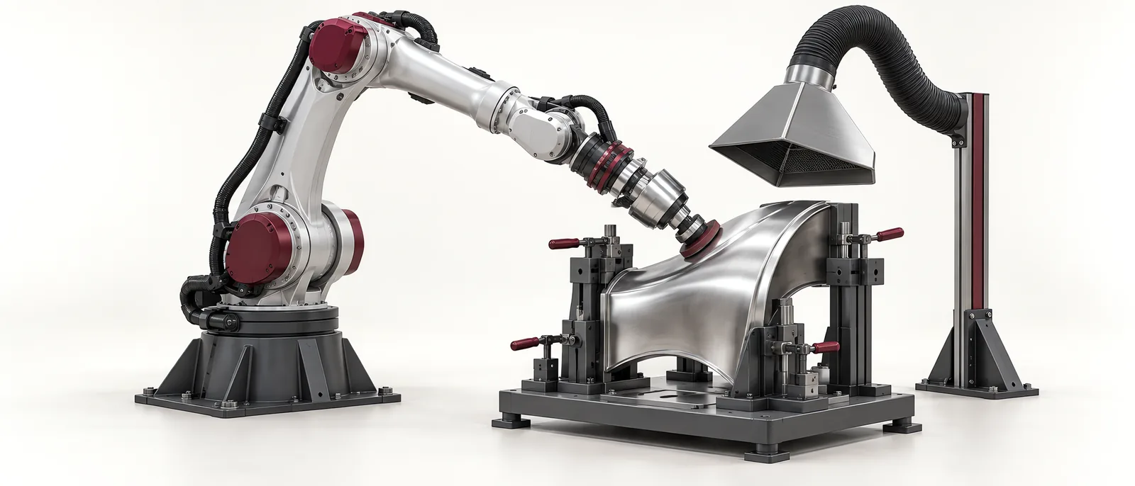 Conceptual robotic polishing station with a compliant finishing tool contacting a curved metal part