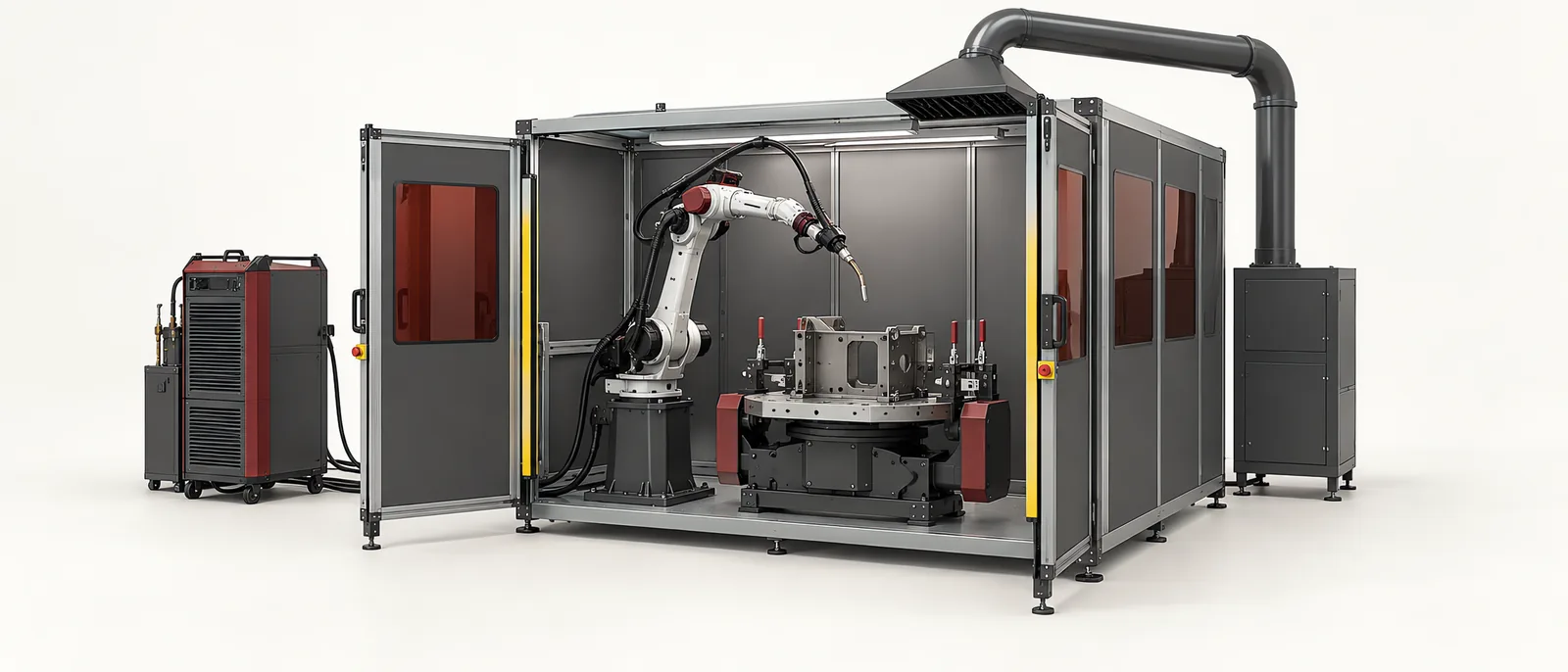 Conceptual enclosed robotic arc welding cell with a clamped metal assembly and positioner