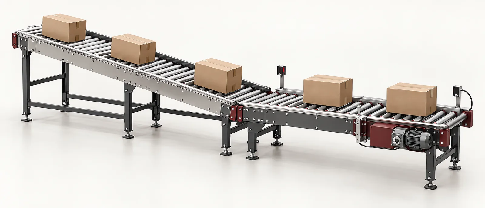 Conceptual gravity and powered roller conveyor sections carrying flat-bottomed cartons