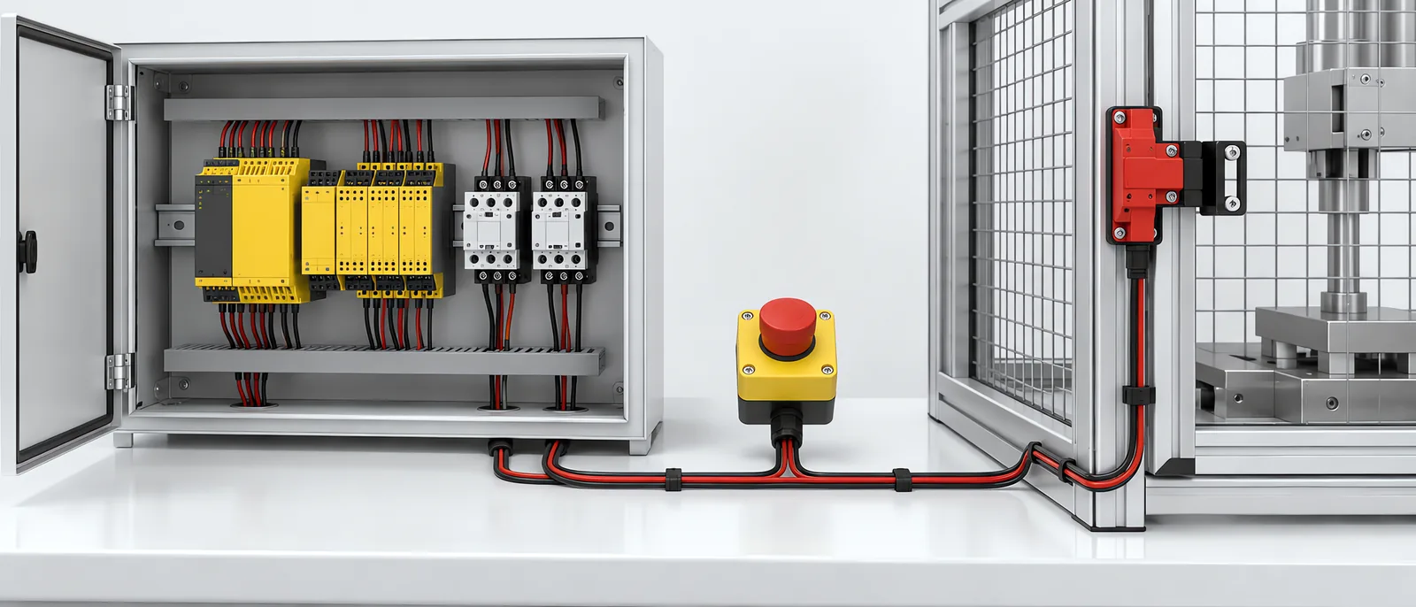 Conceptual safety controller, guard interlock and emergency stop connected to a control cabinet