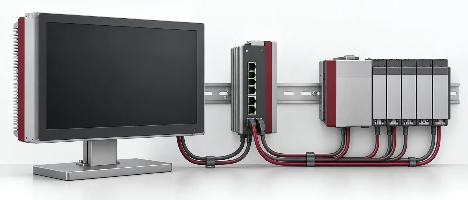 Supervisory display, network interface and PLC hardware, conceptual illustration