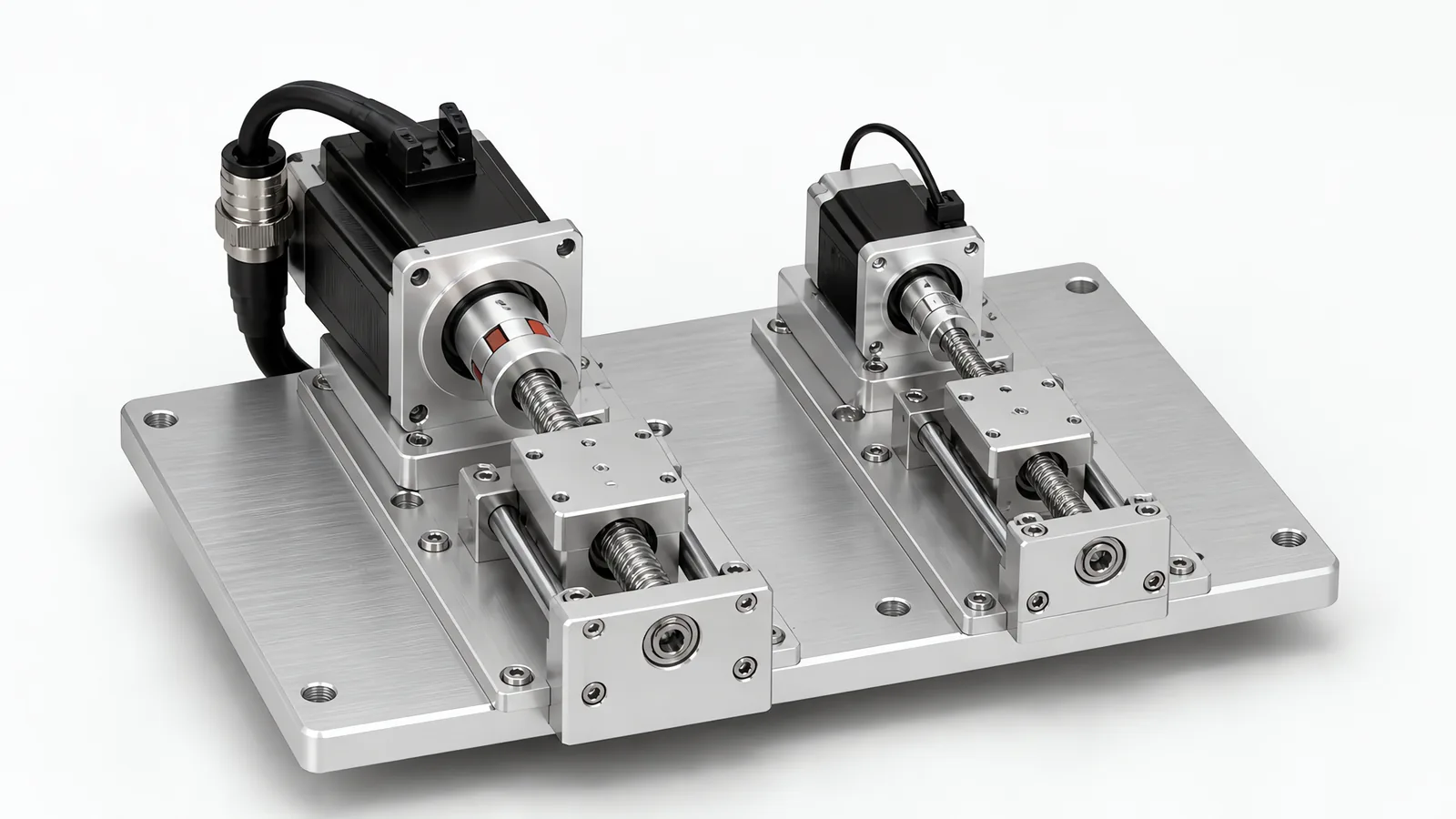 Servo motor with rear encoder beside a smaller stepper, each driving a ball screw linear axis on a machined test plate