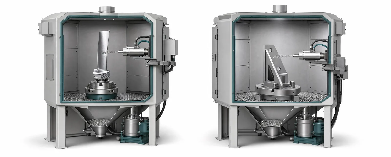 Conceptual cutaway illustration of separate peening and blast-cleaning cells with different workpieces and fixtures