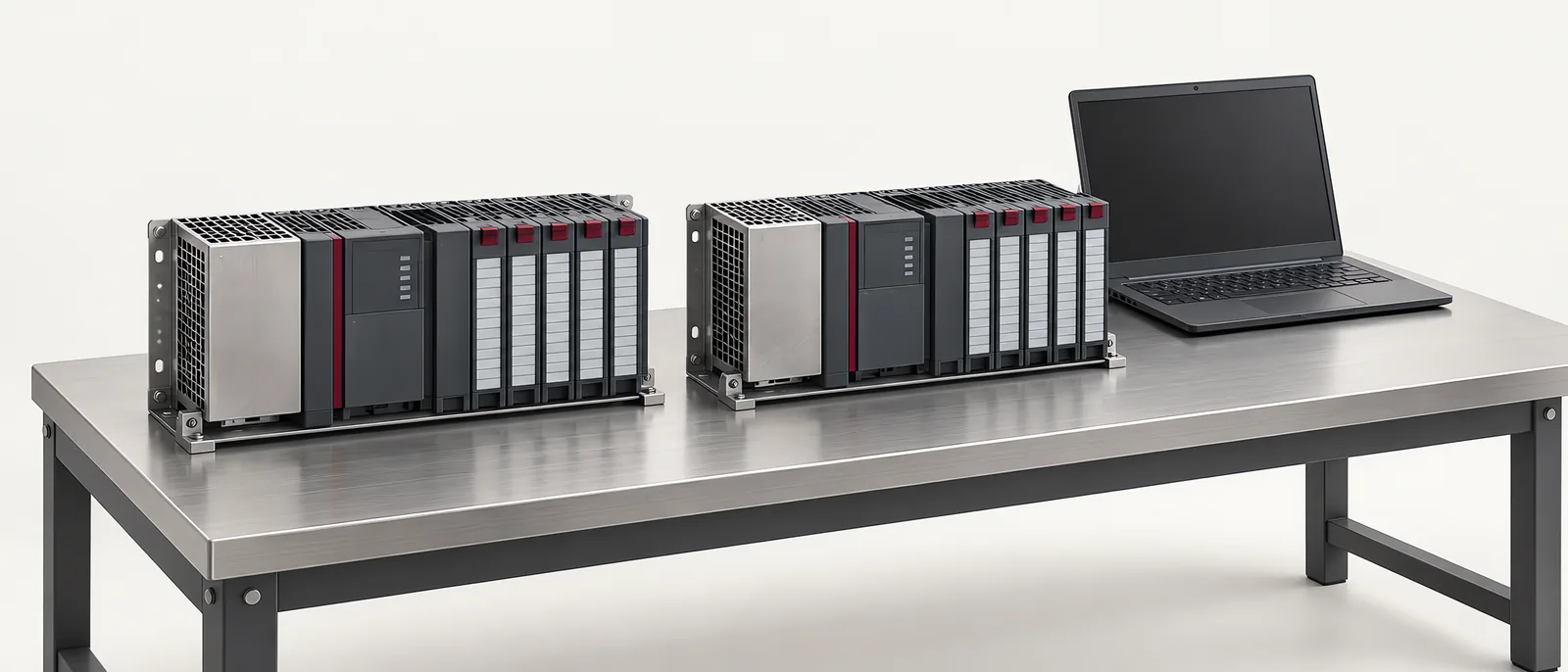 Conceptual comparison of two unbranded modular PLC control cabinets with engineering workstations