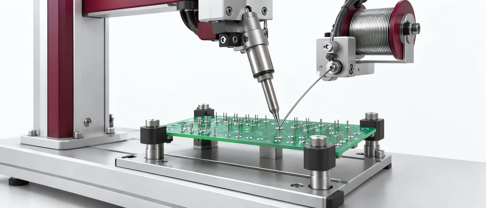 Automated soldering tip and wire feeder above a supported PCB, conceptual illustration