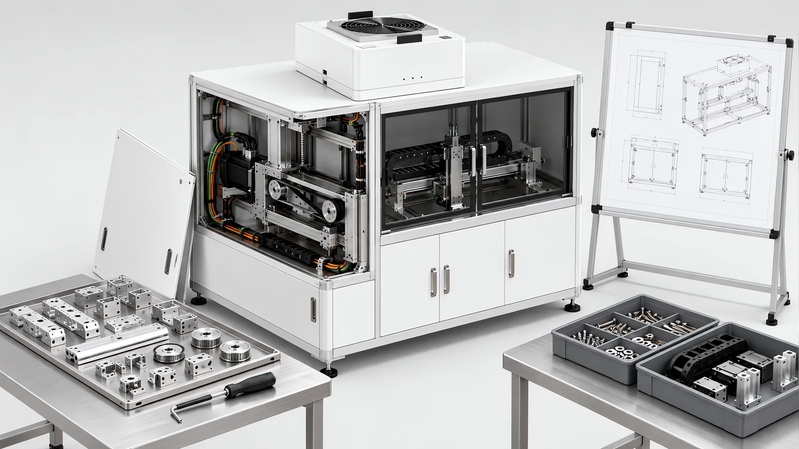 A special purpose machine part-disassembled for inspection: one side panel off exposing the drive train, with trays of machined custom parts and catalogue parts