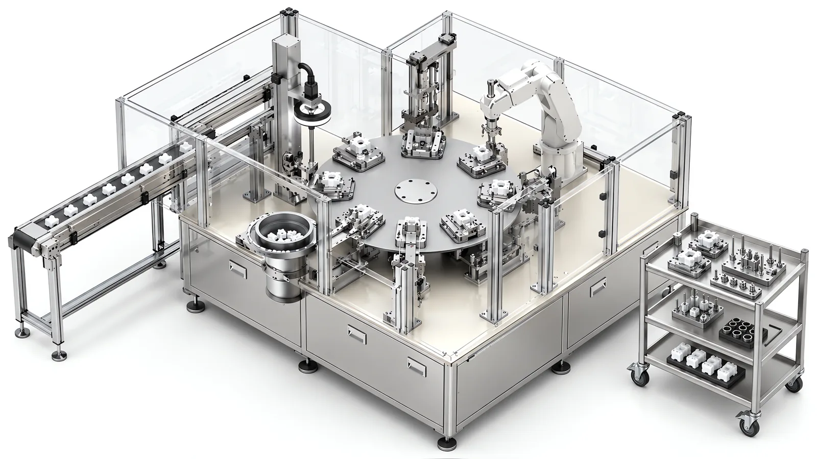 Special purpose machine for medical device assembly: a rotary dial of machined nests with a servo press, a ring-light vision station and change parts on a trolley