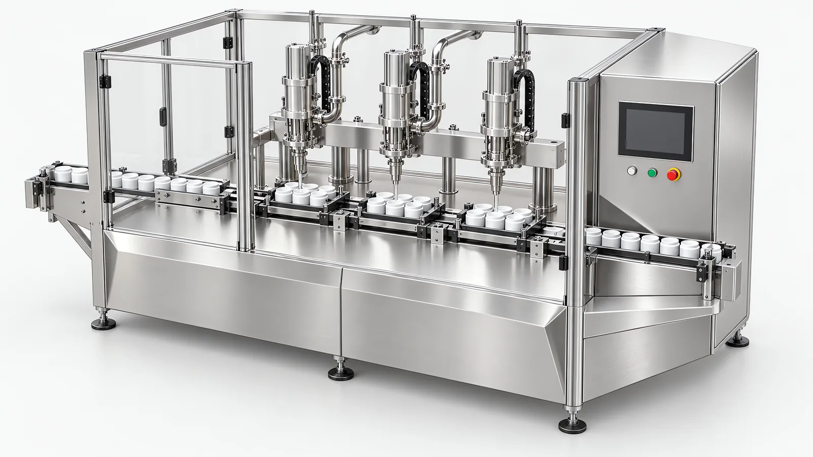 Pharmaceutical special purpose machine built for wipe-down: a stainless frame with sloped surfaces and three dosing heads over containers held in machined trays