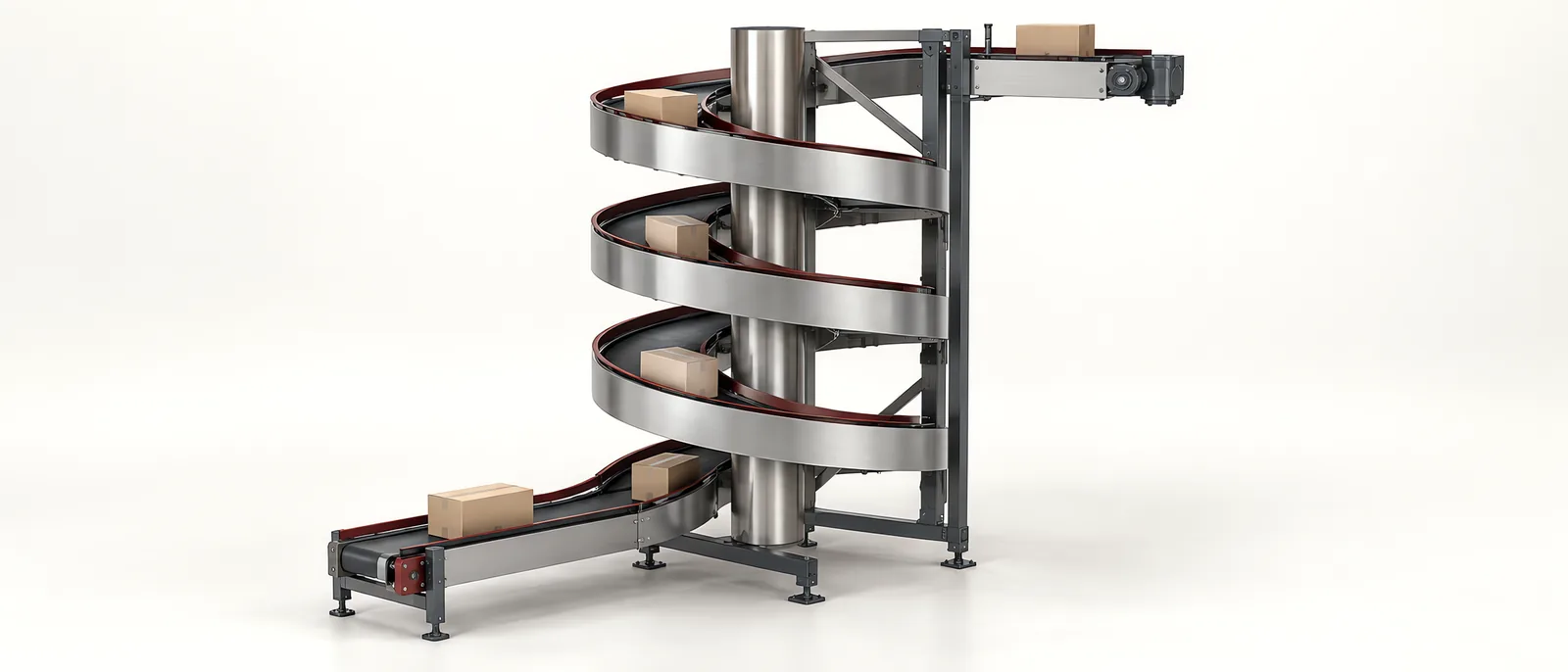 Conceptual continuous spiral conveyor with cartons moving between lower and upper transfer levels