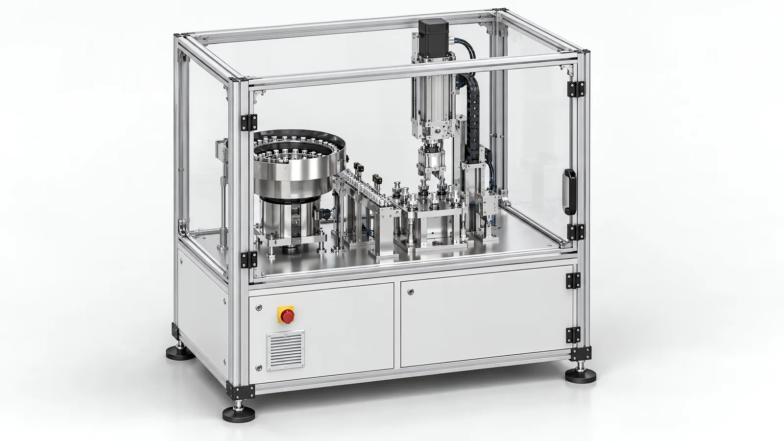 A special purpose machine as one unit: a welded steel base carrying a single dedicated station with a custom fixture, servo actuator, parts feeder and guard door