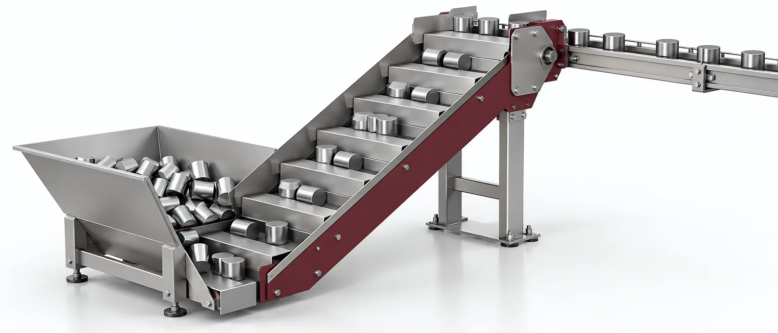 Bulk-parts hopper and elevated parts-transfer track, conceptual illustration