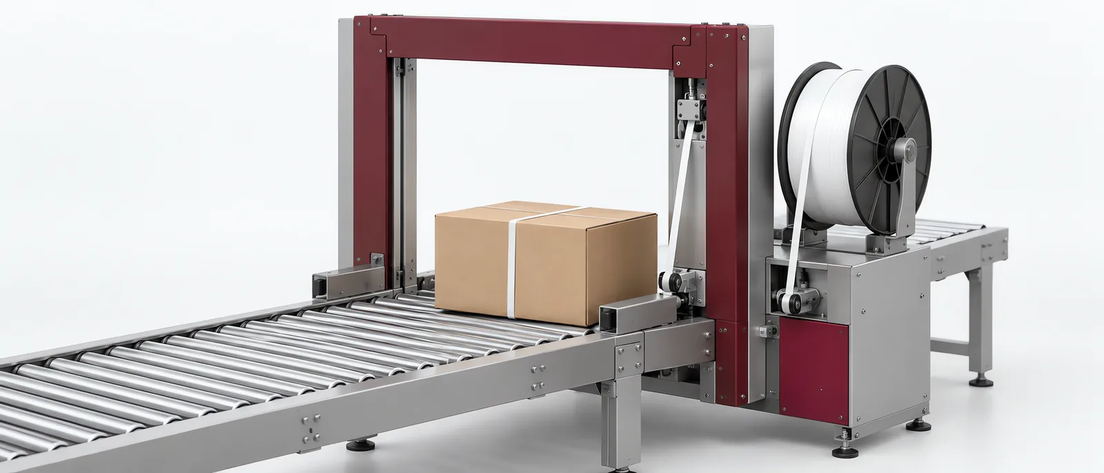 Strapping arch and strap reel beside a carton conveyor, conceptual illustration