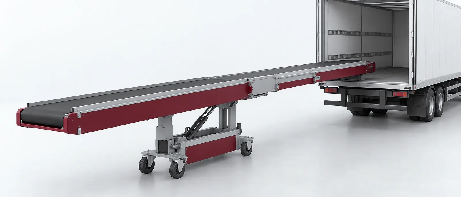 Extended conveyor reaching into a loading-bay vehicle, conceptual illustration