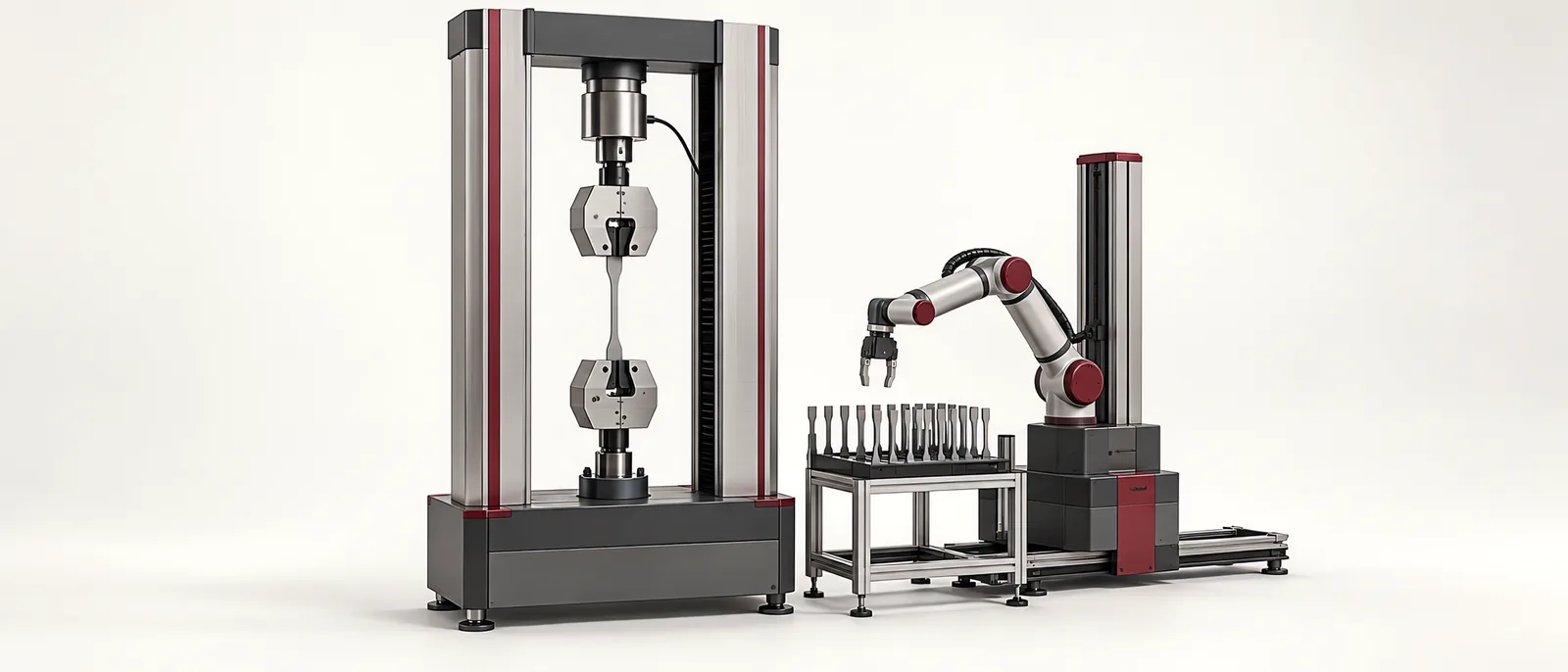 Conceptual tensile test frame with aligned specimen grips, a sample tray and a robot loader