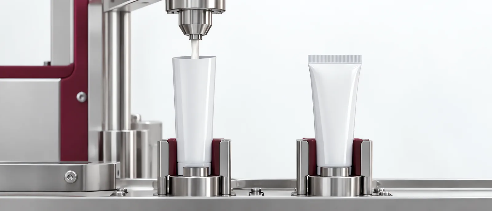 Tube dosing nozzle and two supported packaging tubes, conceptual illustration
