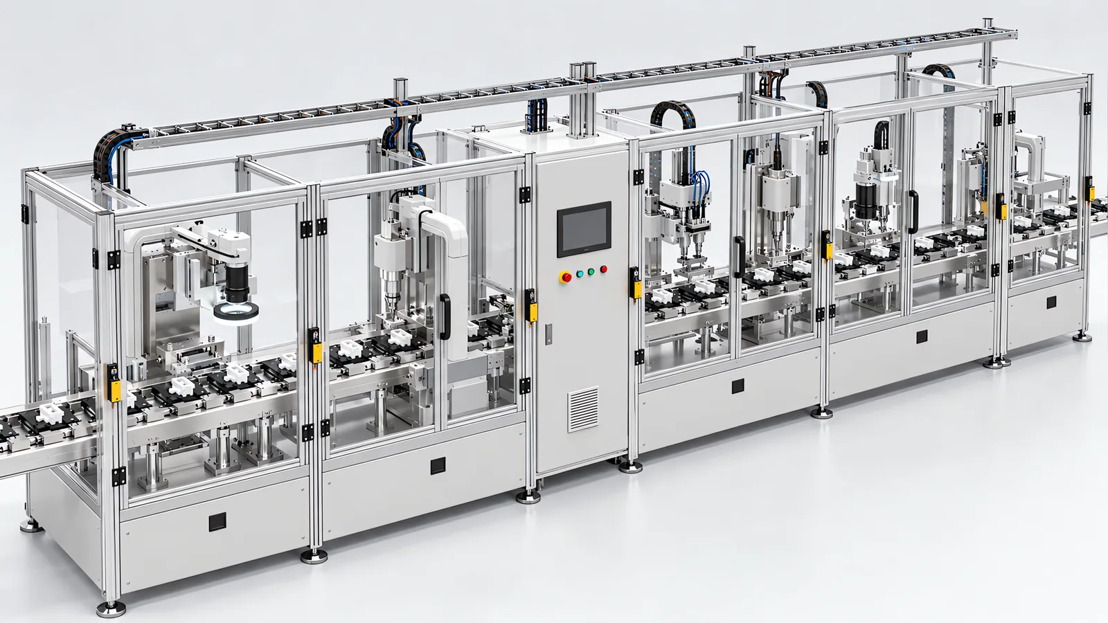 Turnkey assembly line end to end: six linked stations on one transfer conveyor under a single guard enclosure, with one line control cabinet at the midpoint