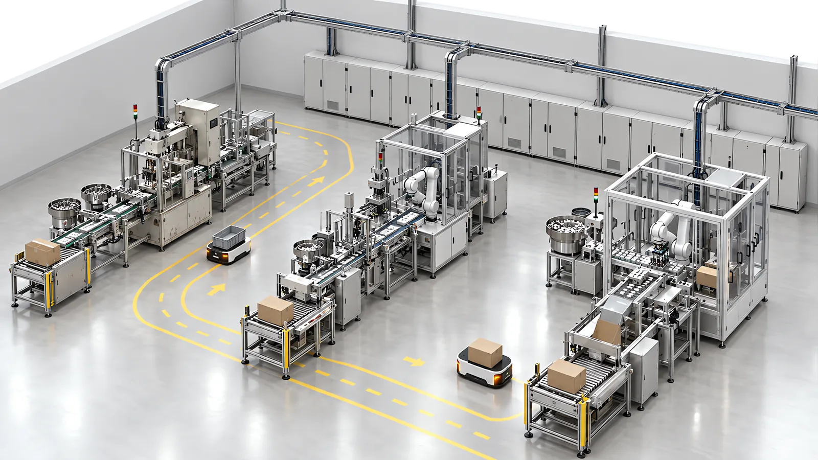 Turnkey factory automation across a plant: three parallel production lines of different ages, an AGV route marked between them and a row of control cabinets