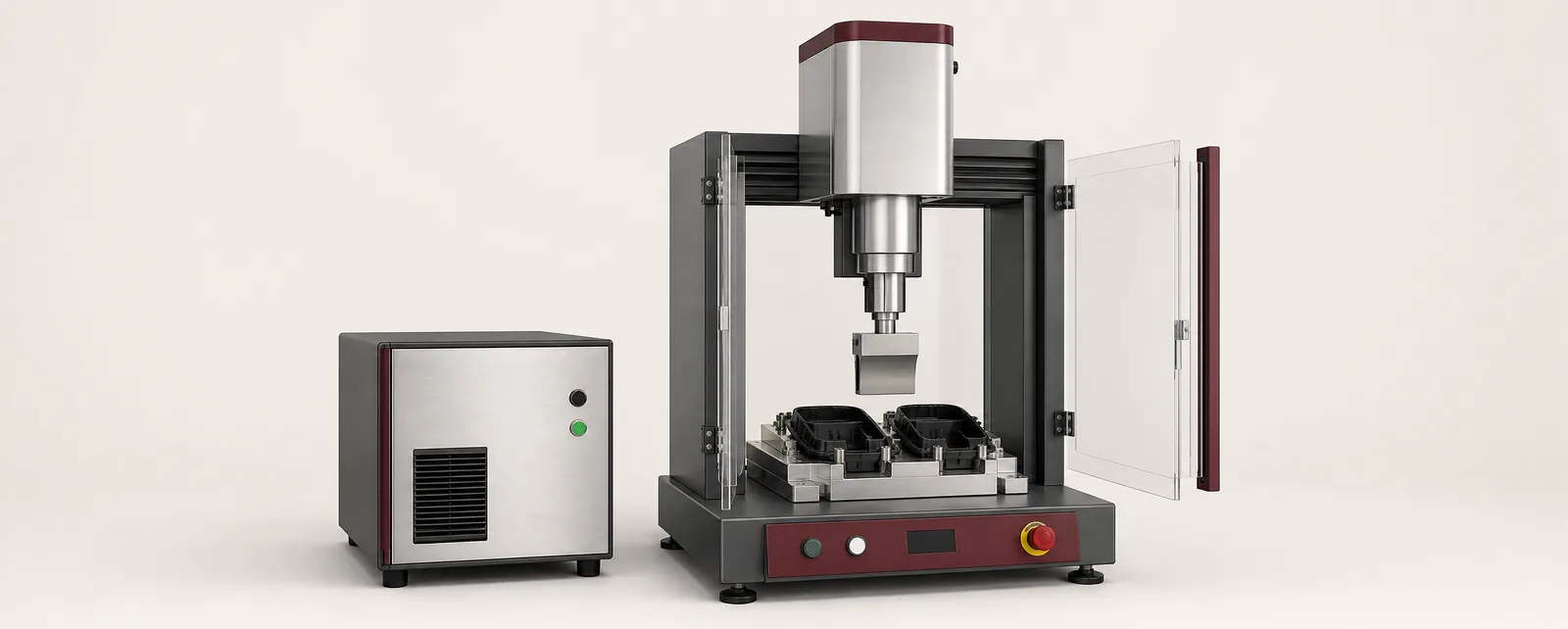 Conceptual ultrasonic plastics welding machine with vertical horn and supported component nest