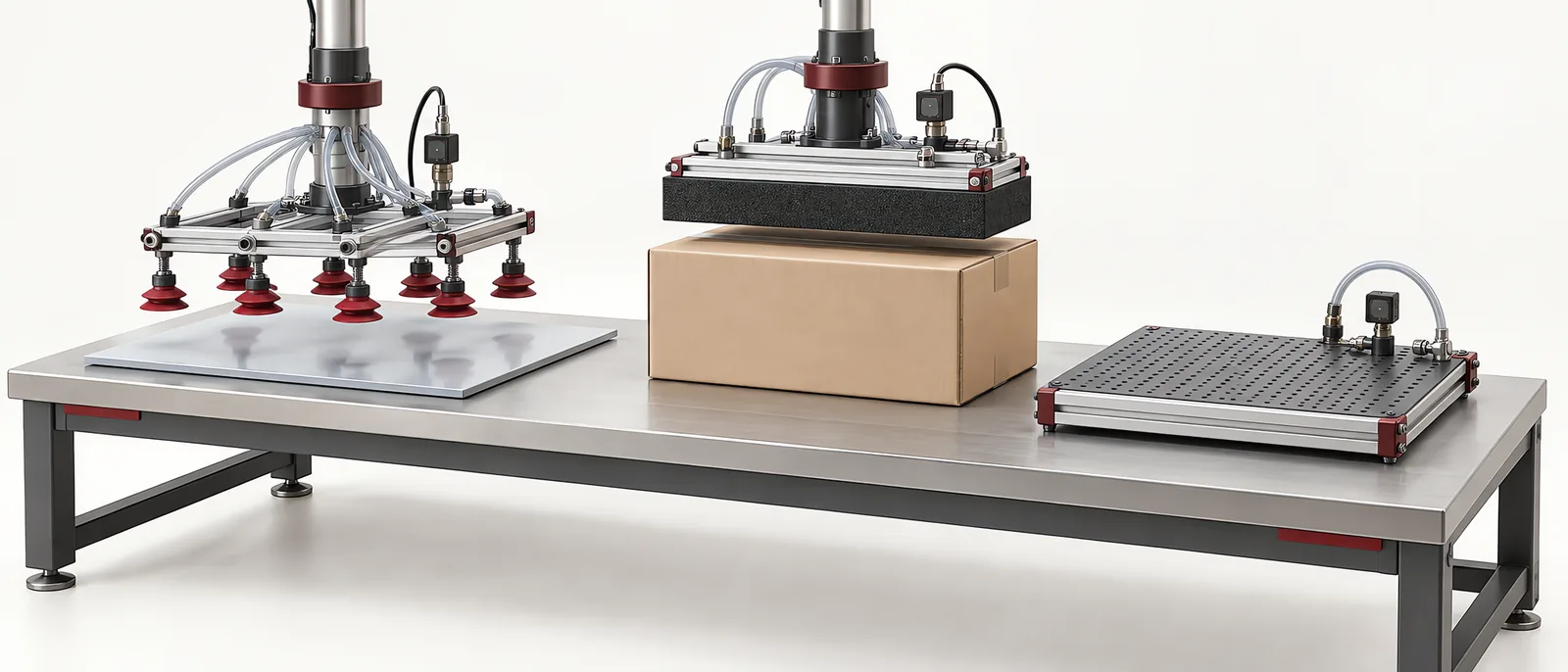 Conceptual robot vacuum gripper with suction cups lifting a corrugated carton