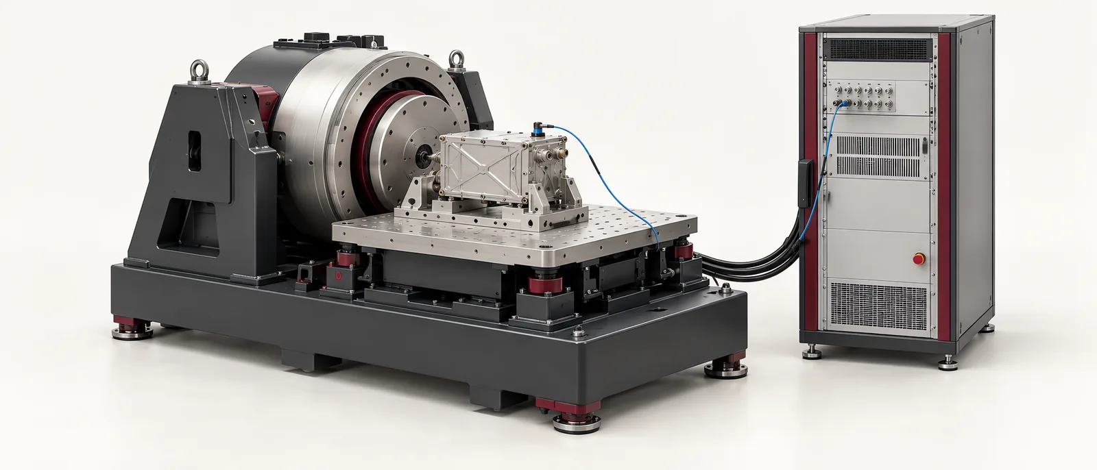 Conceptual industrial vibration shaker with a bolted test fixture, sensor cable and amplifier cabinet