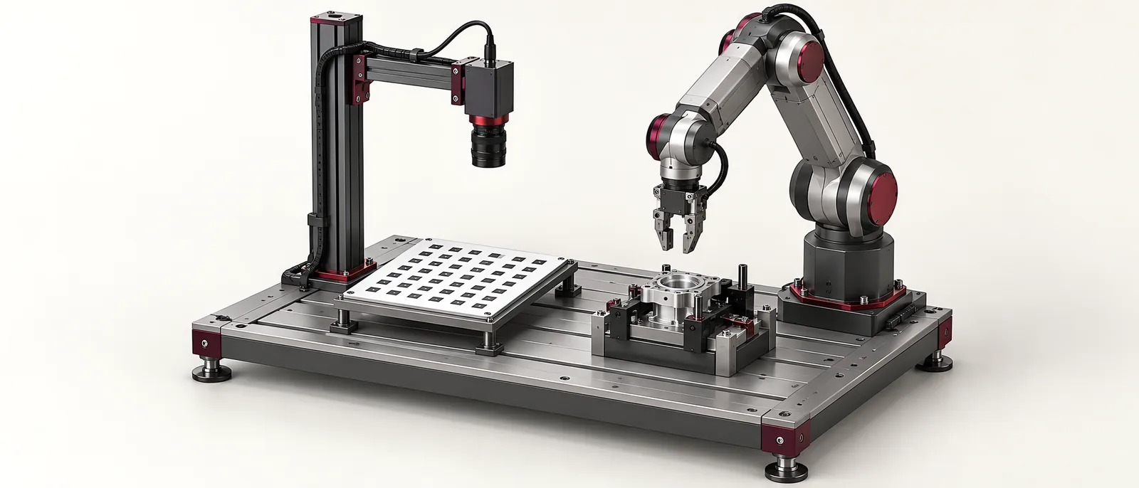 Conceptual robot guidance cell with overhead camera, calibration target and pick fixture