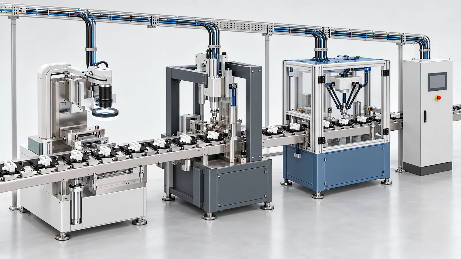 System integration on a factory floor: three dissimilar production machines joined by one continuous conveyor, one shared control cabinet and common cable trays