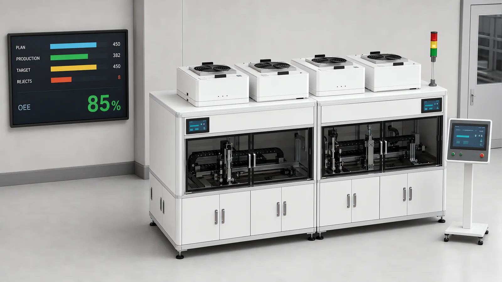 Enclosed two-module production machine with an operator touchscreen pedestal, stack light, and a wall display showing plan, target and reject bars beside an OEE readout