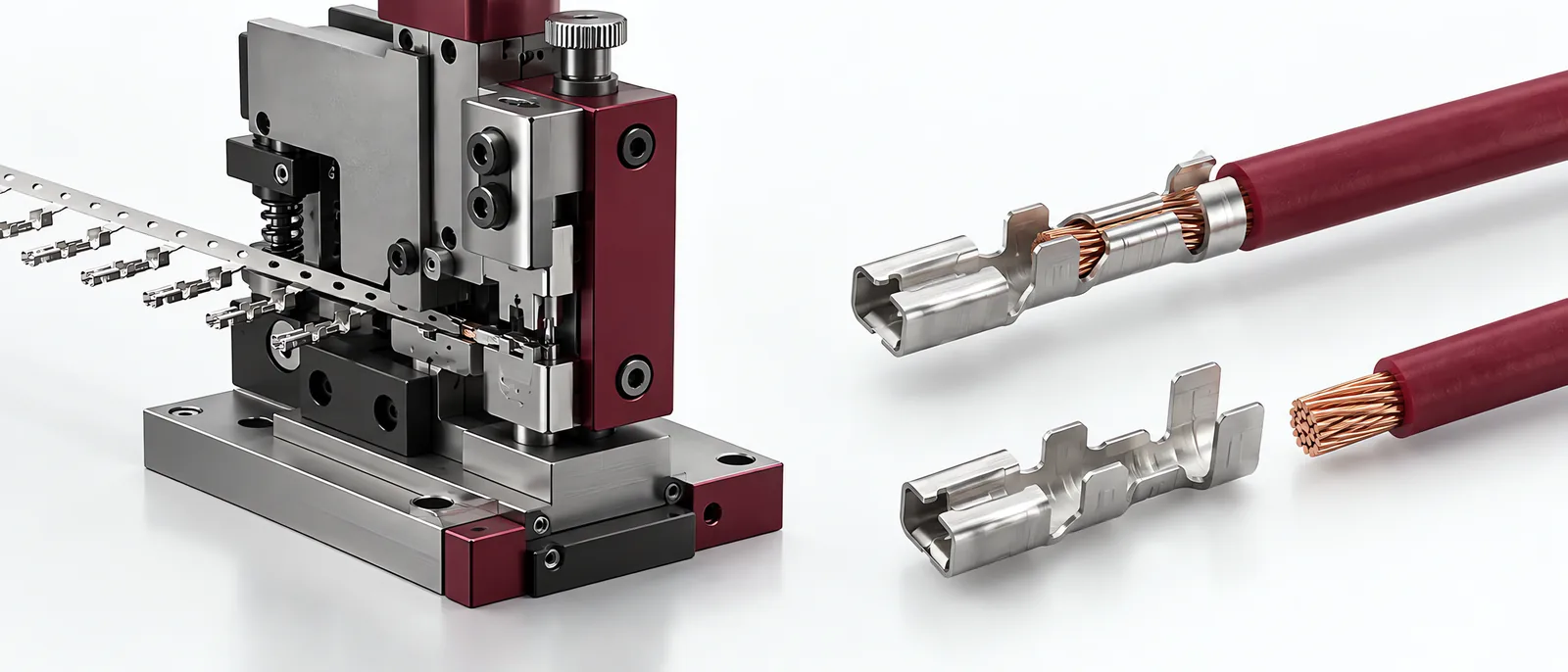 Wire termination press beside loose and formed terminal examples, conceptual illustration