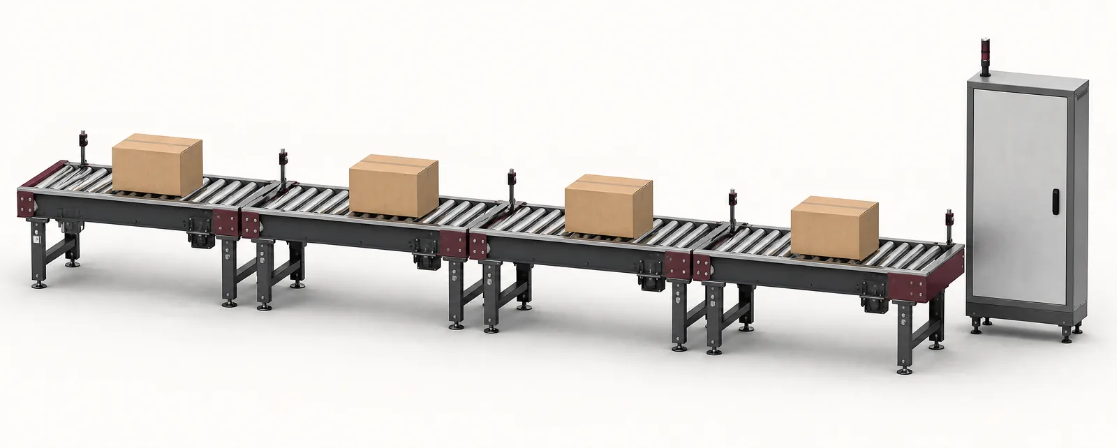 Conceptual powered roller conveyor with separated cartons, individual zones and photoelectric sensors