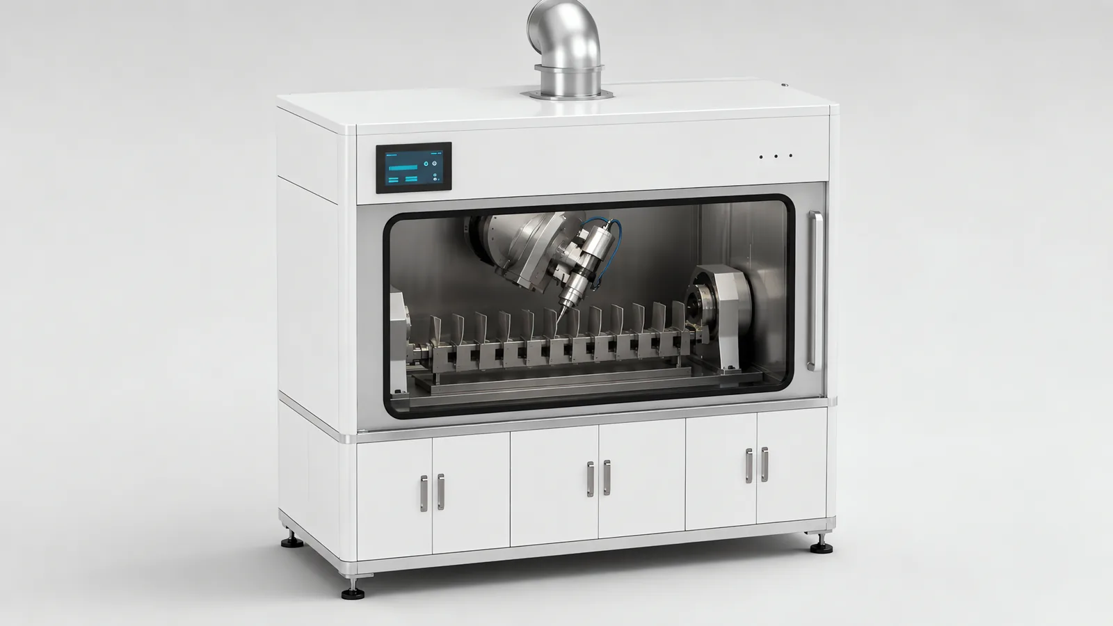Automated surface treatment machine: a sealed cabinet with a viewing window, inside a nozzle head on a tilting and rotating mount aimed at aerofoil blades held in a comb rack between two rotary axes, with extraction ducting leaving the roof