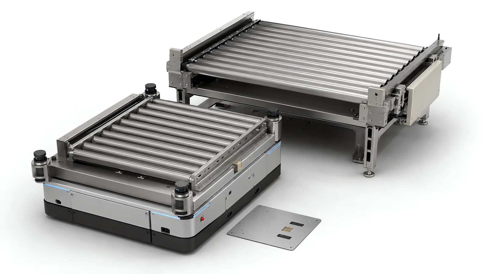 Autonomous mobile robot with a powered roller deck docked at a matching roller conveyor stand, lidar scanners at the vehicle corners and a charging contact plate set into the floor beside it