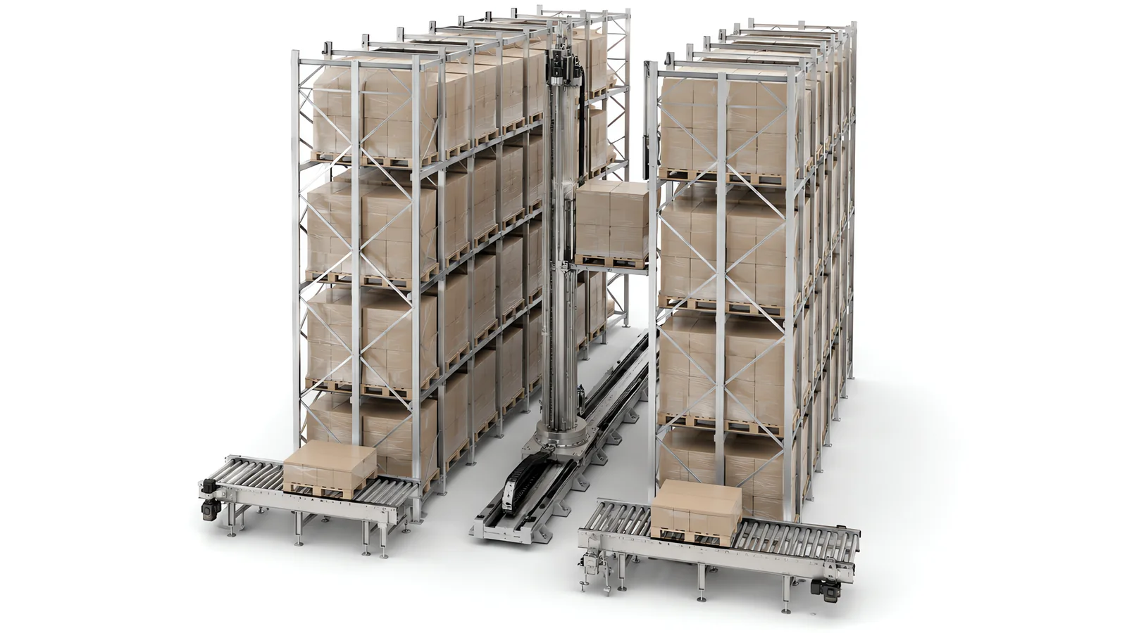 Automated storage and retrieval system: a double-sided pallet racking aisle with a stacker crane on a floor rail between the racks, its carriage part way up holding a pallet, and infeed and outfeed roller conveyors at the aisle end