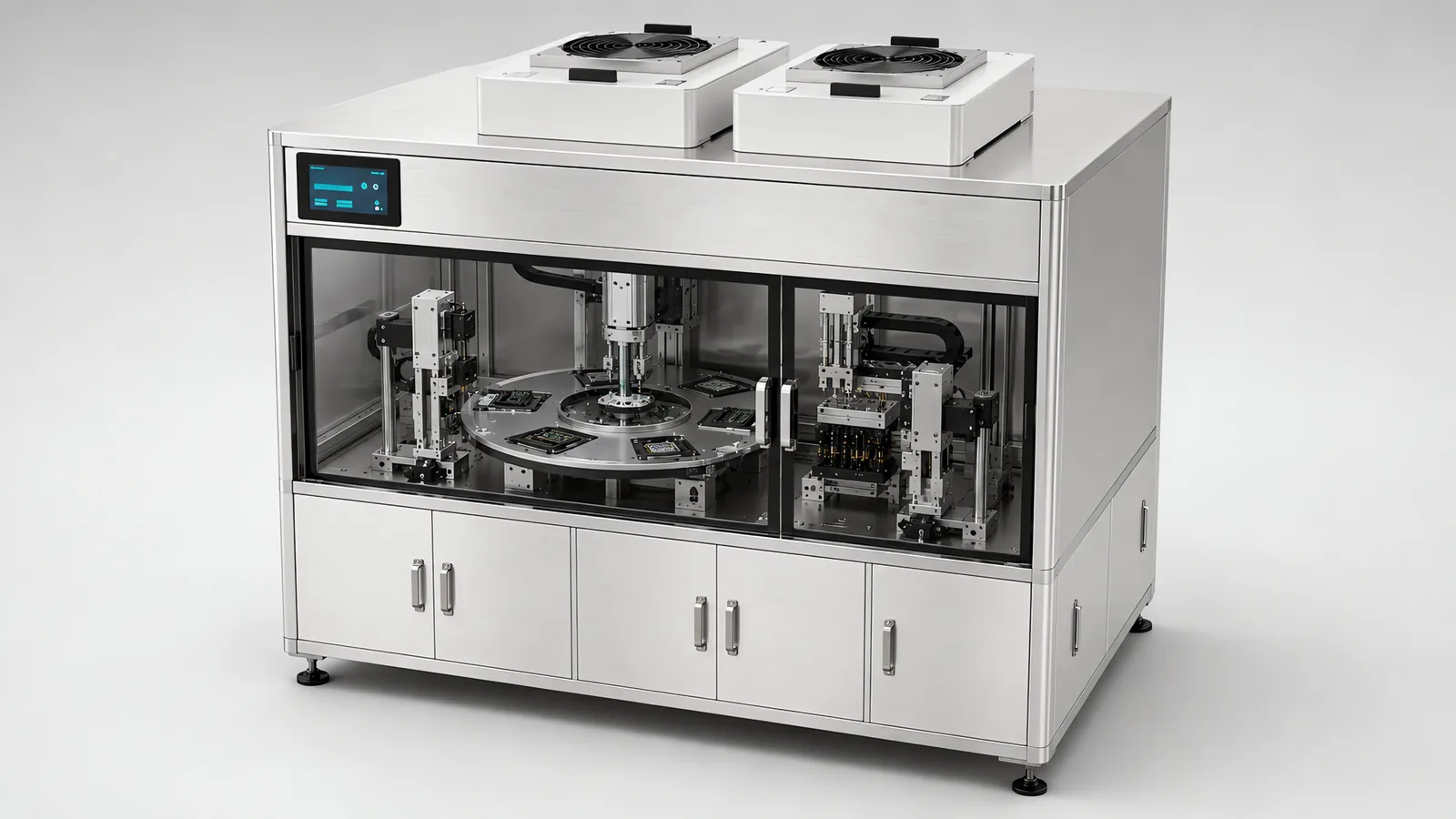 Cleanroom automated test machine: an enclosed stainless and glass cabinet with fan filter units on the roof, a circular multi-station transfer table inside carrying small electronic assemblies, a press head descending onto one station and connector test fixtures at another
