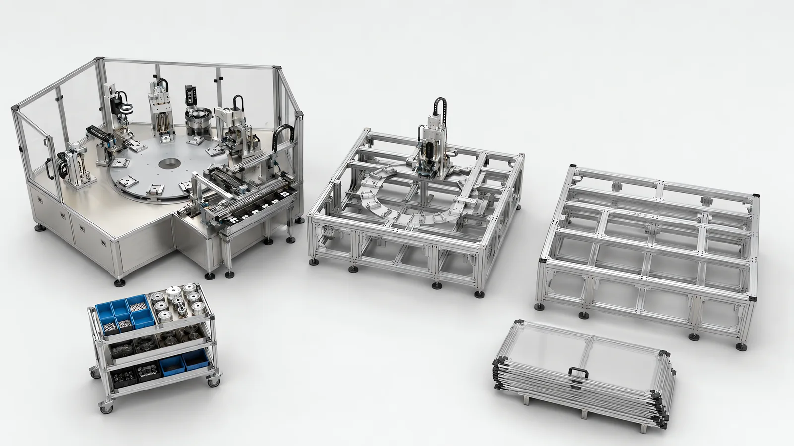 Three machines at different stages on a builder's assembly floor: a finished guarded rotary assembly machine on the left, a part-built frame with the dial and one station fitted in the middle, and a bare welded base frame on levelling feet on the right, with a parts trolley and a stack of guard panels alongside