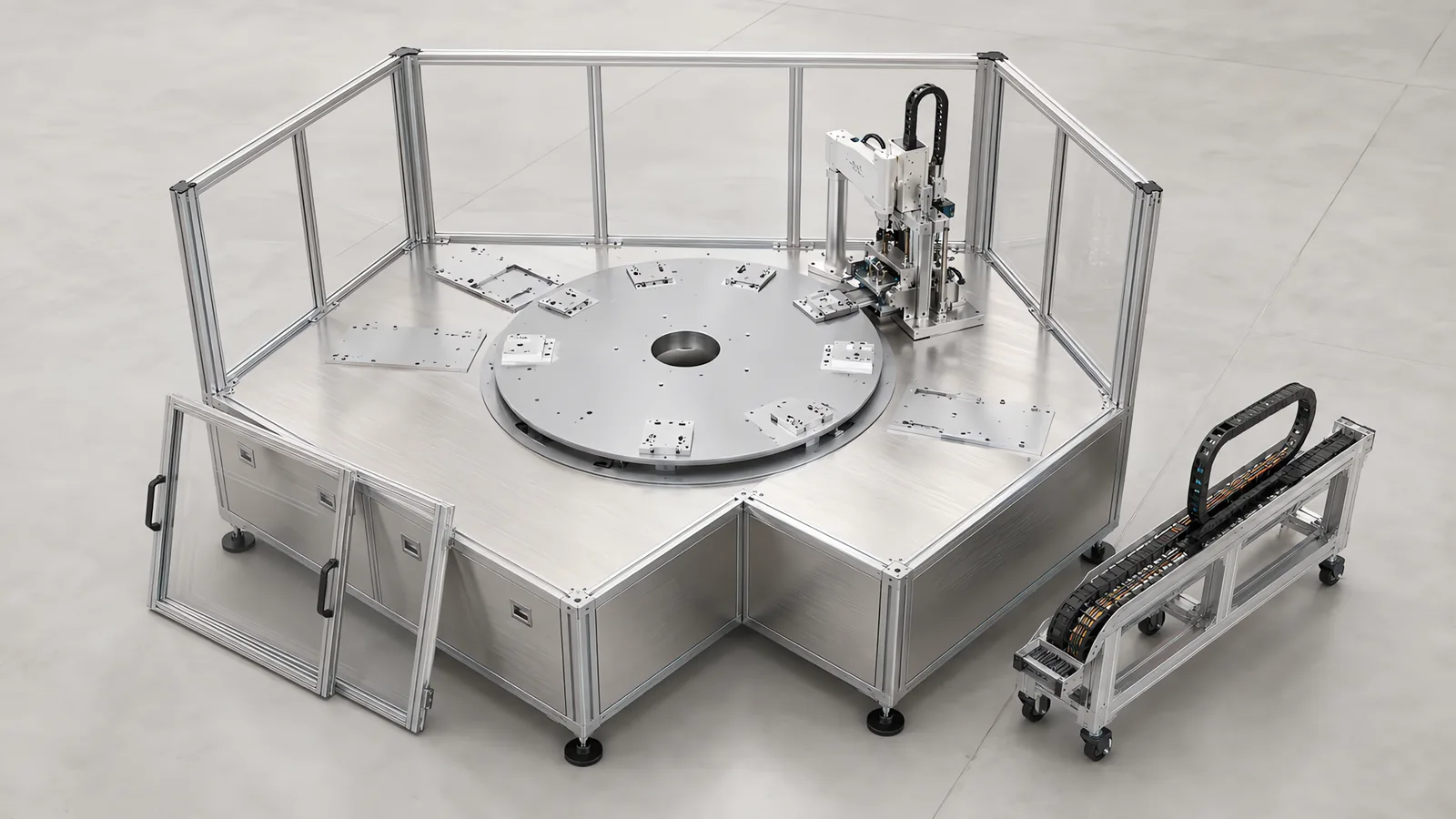 A machine part way through build on an assembly floor: the frame complete and levelled with the dial installed, one station fully assembled, adjacent positions still bare mounting plates, a cable trolley alongside and a guard panel leaning against the frame