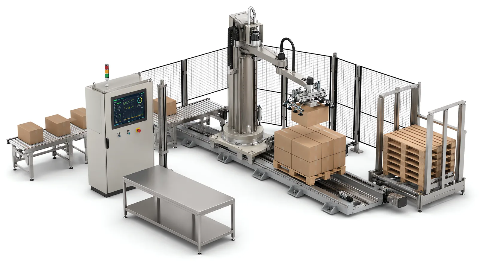 An end-of-line palletizing cell: a column robot placing a carton onto a stacked pallet inside a fenced enclosure, an accumulation conveyor of cartons feeding it, a pallet magazine at the end, a cabinet showing a production dashboard, and an empty manual packing bench standing unused in front