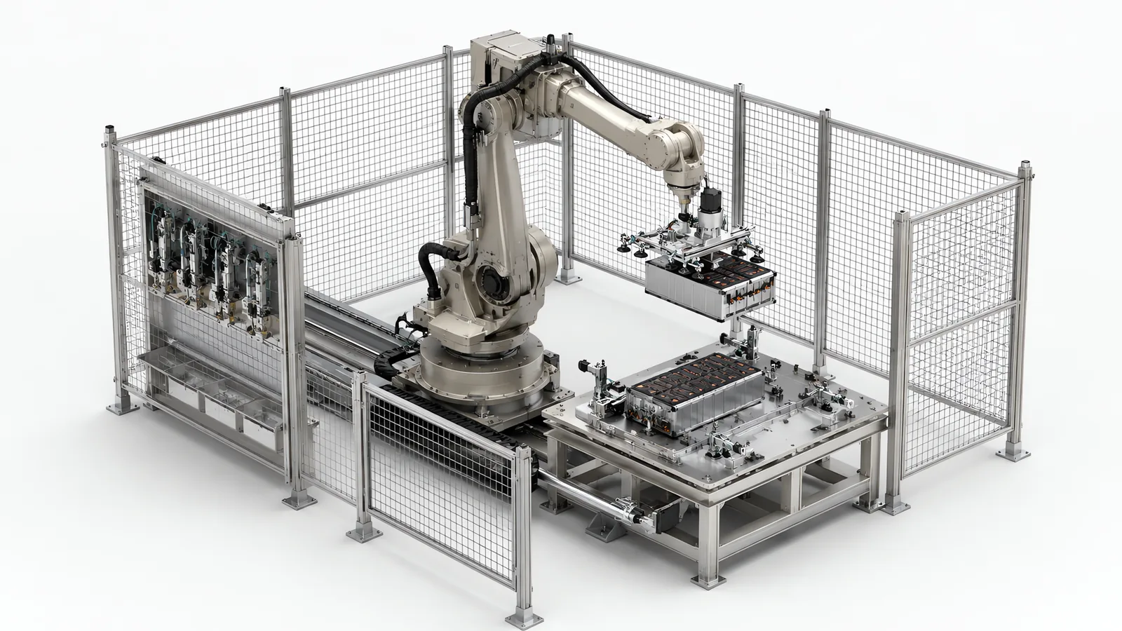 Battery module handling cell: a six-axis robot inside a mesh fence lifting a battery module with a combined vacuum and clamp tool, a fixture table holding a second module in repositionable clamps, and a tool rack along the fence line