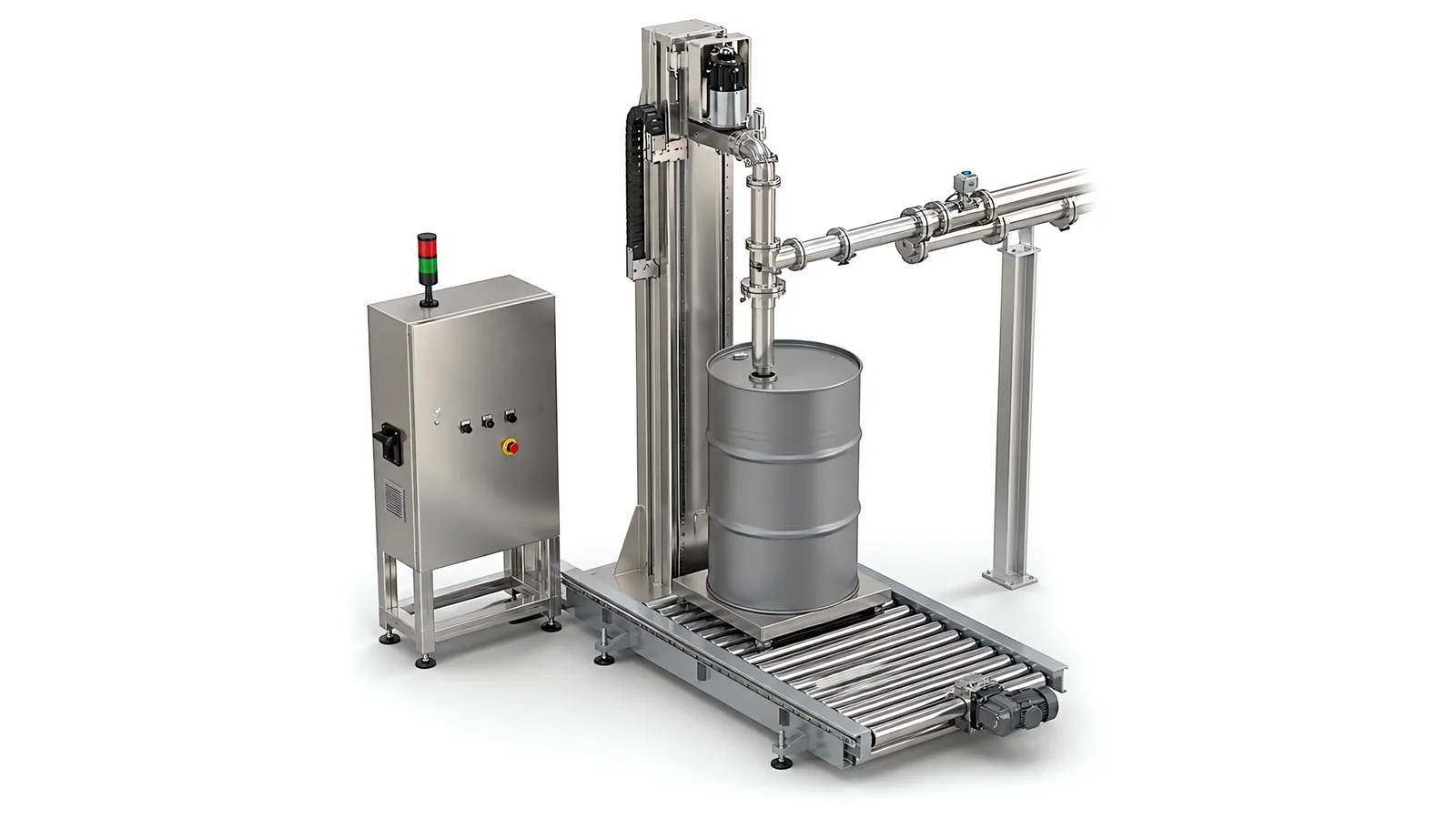 Drum filling machine with a diving fill nozzle on a servo column, roller conveyor and control cabinet with stack light