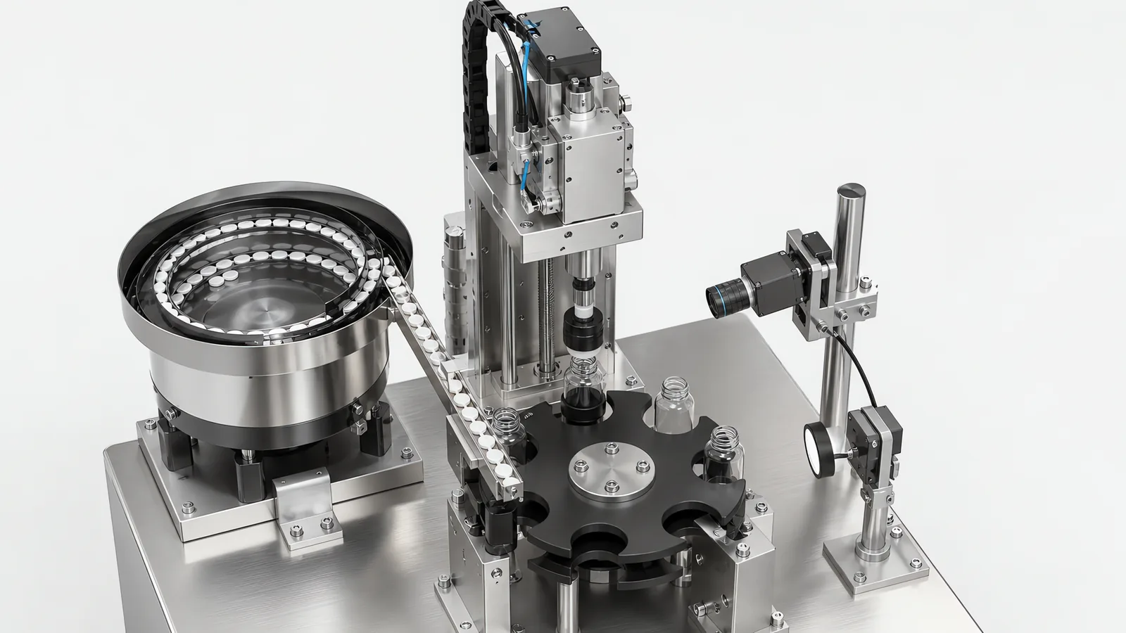 Rotary capping station with a servo capping head lowering a screw cap onto a bottle in a starwheel, vibratory cap sorter and downstream inspection camera