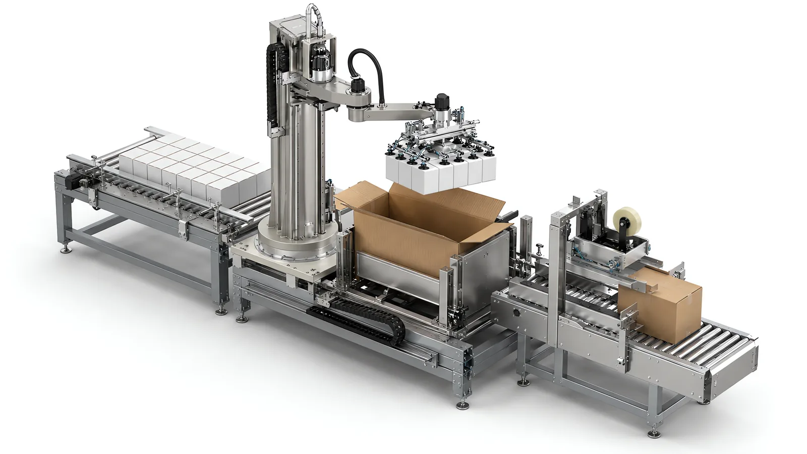 End-of-line case packing station with a carton erector, robot arm lowering a grouped layer of cartons into the case, collation conveyor and taping head